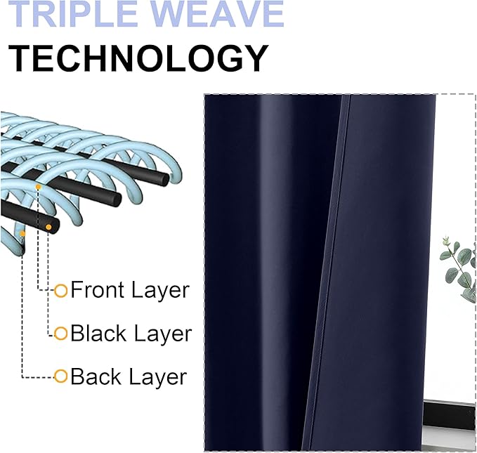 Simplebrand Ava Navy Blue Blackout Curtains for Patio 108 Inches Long 2 Panels Set, Solid Thermal Insulated Room Darkening Rod Pocket Window Treatment Curtains Blackout Drapes, W50 x L108