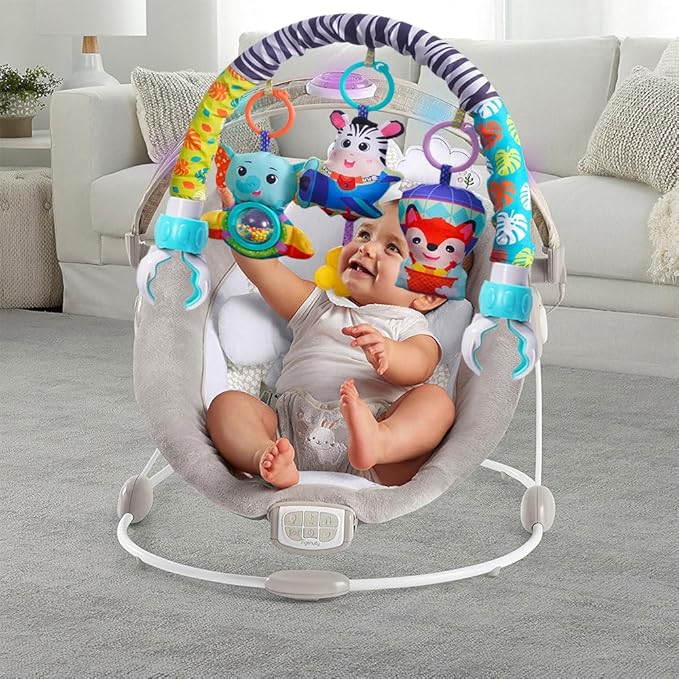 Baby Stroller Arch Mobile With Universal Clamps - Clip-On Activity Bar for Bassinet, Bouncer, Crib, Car Seat - Musical Infant Toys With Elephant Squeaker and Zebra Rattle