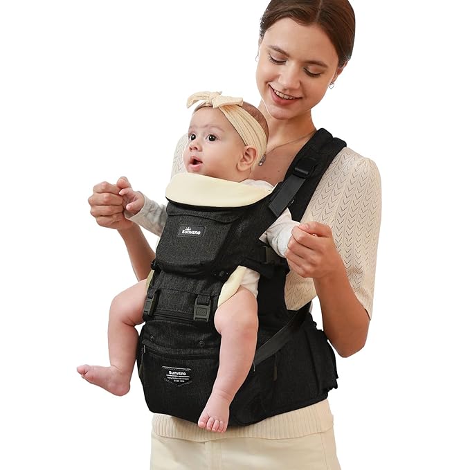 SUNVENO 3 in 1 Ergonomic Baby Carrier with Hip Seat for Newborns and Toddlers, Supports 20 lbs and Up, Waist and Back Relief with Large Weight Capacity for All Season Use,Black