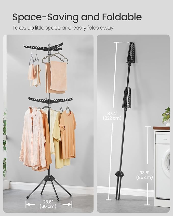 SONGMICS 2-Tier Clothes Drying Rack, 75.2-Inch Folding Laundry Drying Rack with 6 Rotatable Arms for Hangers, Stainless Steel, for 54 Pieces of Clothes, Black ULLR514B01