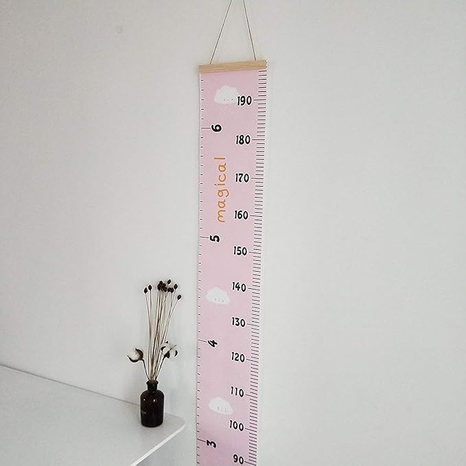 Kids Growth Chart, Wood Frame Fabric Canvas Height Measurement Ruler from Baby to Adult for Child's Room Decoration 7.9 x 79in (7.9 x 79in, Pink - Cloud)