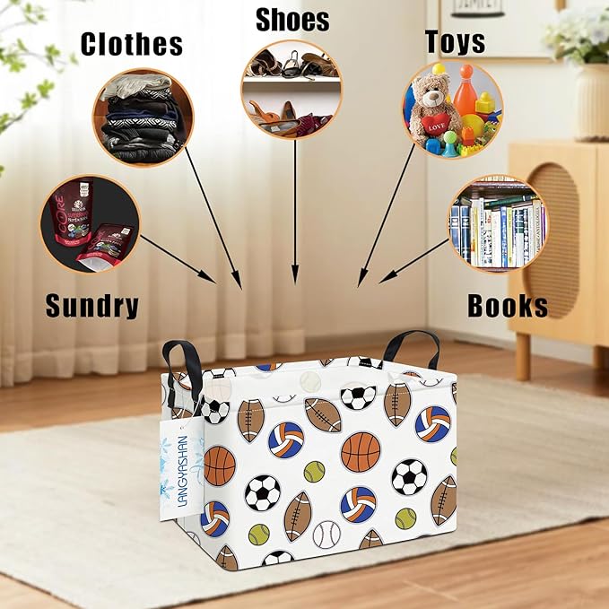 LANGYASHAN Rectangular Storage Bin Collapse Canvas Fabric Cartoon Storage Basket with Handles for Organizing Home Kitchen Boys and Girls Toys Office Closet Shelf Baskets (Rec Colorful Balls)