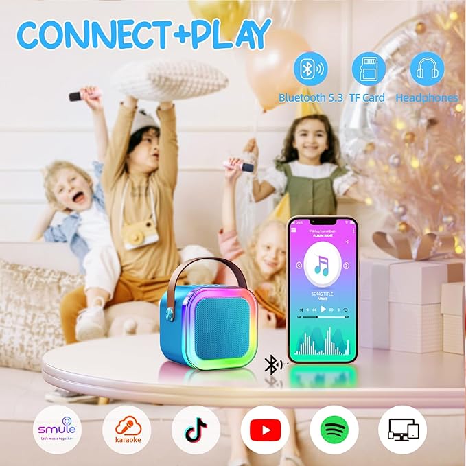 Kinglucky Mini Karaoke Machine for Kids, 2025 TOP Birthday Gifts Ideas for 3-12 Year Old Girls, Christmas Party Gifts Kids' Personal Video Players Accessories with 2 Wireless Microphones - Gold Blue