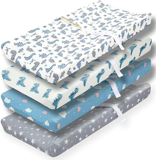 4 Pack Soft Baby Boy Sheets Dinosaur Star Cloud Soft Polyester Neutral Unisex Fitted Sheets Set for Baby Boys