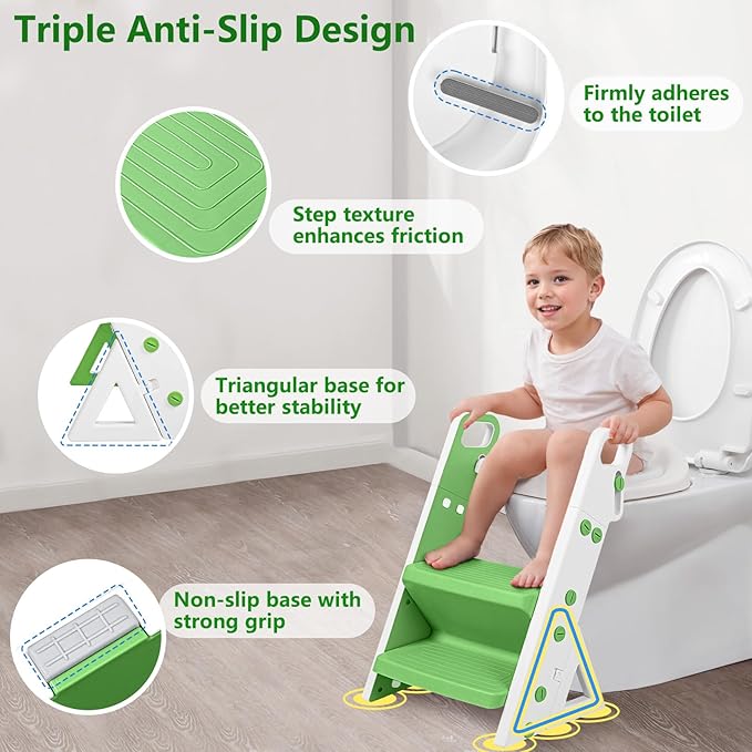 Easy Storage Potty Training Seat with Ladder, Adjustable Step and Toilet Seat Height, Easy-Grip Handles for Climbing, Foldable Portable Toddler Toilet Trainer, Perfect for Small Bathrooms