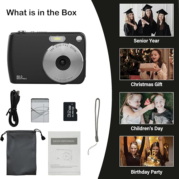 Digital Camera, Kids Cameras for 50MP FHD 1080P, Digital Point and Shoot Camera with 16X Zoom Anti Shake, Compact Small Cameras Gift for Boys Girls Kids, Black