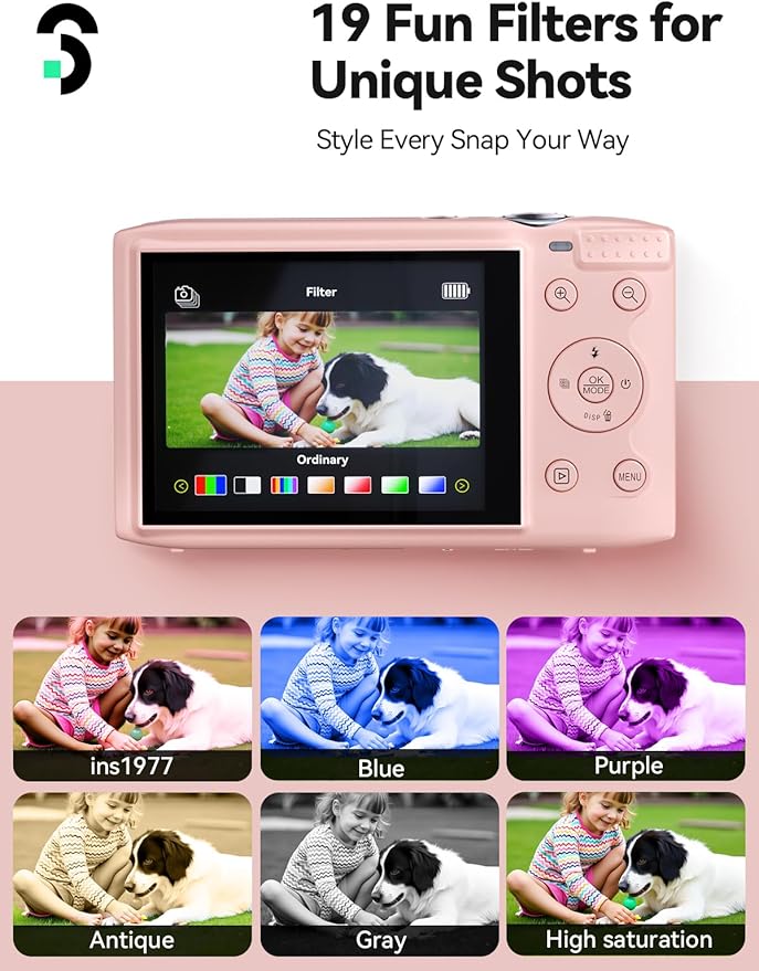SOOMFON Digital Camera - Max 72MP Point and Shoot Kids Cameras with 16X Zoom, 32G TF Card, 2 Batteries and Card Reader, Compact Pink Digital Camera for Kids Teens Beginners