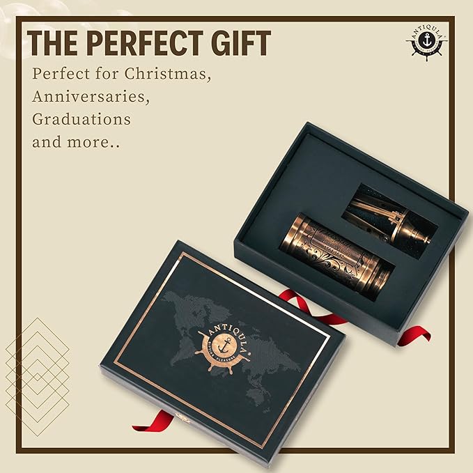 Vintage Brass Decor Telescope on Tripod, Antique Pirate Spyglass with Gift Box, Monocular Nautical Handheld Telescope Ideal for Home Decor, Gifting, Traveling, Kids, Bookshelf & Office Desk