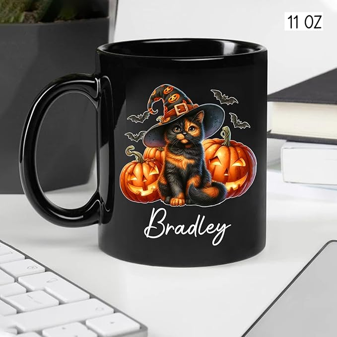 Personalized Tortoiseshell Pumpkins Black Ceramic Cup, Halloween Tortoiseshell Coffee Mug Gift for Cat Lover, Customized Pet's Name Cup 11oz 15oz, Spooky Halloween Cat Mug, Pet Lover Present