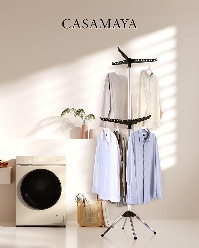 Clothes Drying Rack Foldable, 74.8 inch 2 Tier Laundry Drying Rack with Rotating Clothes Rail for 54 Pieces of Clothes, Space Saving, Indoor, Stainless Steel, Black and Silver CDR002B01