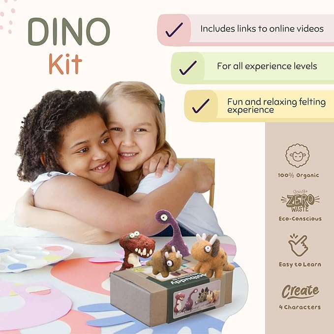 Woolbuddy Needle Felting Kit - Felted Dinosaurs for Beginners, Adults & Kids, Includes Wool, Pad, 4 Needles, and Instructions