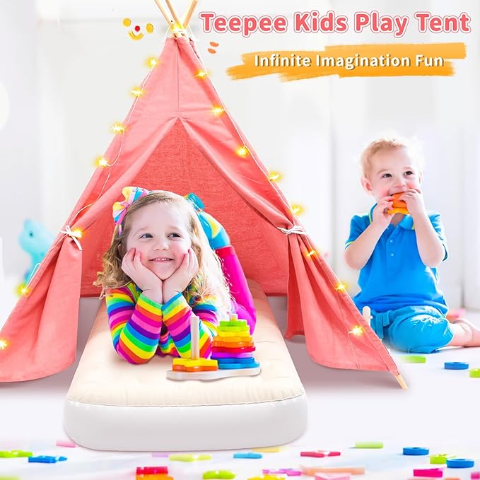 4 Pack Teepee Tent for Kids with Light String and Inflatable Airbed, Slumber Party Tents, Sleepover Tents Party for Girls Boys Indoor Outdoor (Pink)