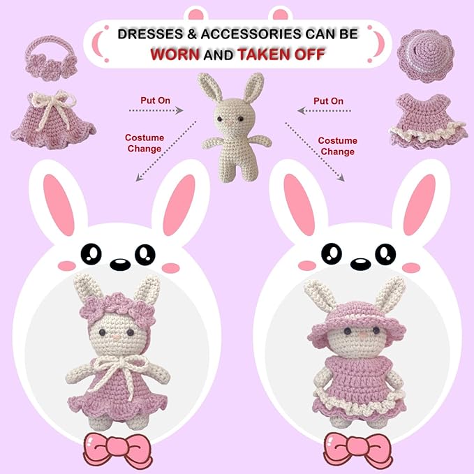 LoopMap Beginner Crochet Kit for Adults & Kids - DIY Amigurumi Bunny with Removable Dress & Accessories - Step-by-Step Video Tutorials, Extra Yarn, Crochet Tools - Handmade Gift (Bunny-Purple)