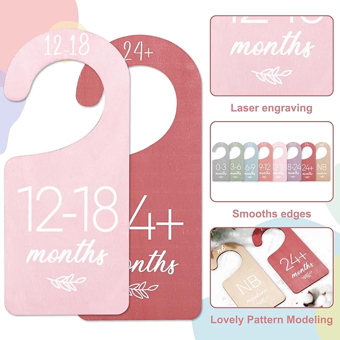 Whaline 8Pcs Baby Closet Dividers Boho Design Hanging Wooden Colorful Babys Closet Size Hanger Organizer Double-Sided Newborn to 24 Months Thicken Baby Wardrobe Organizer