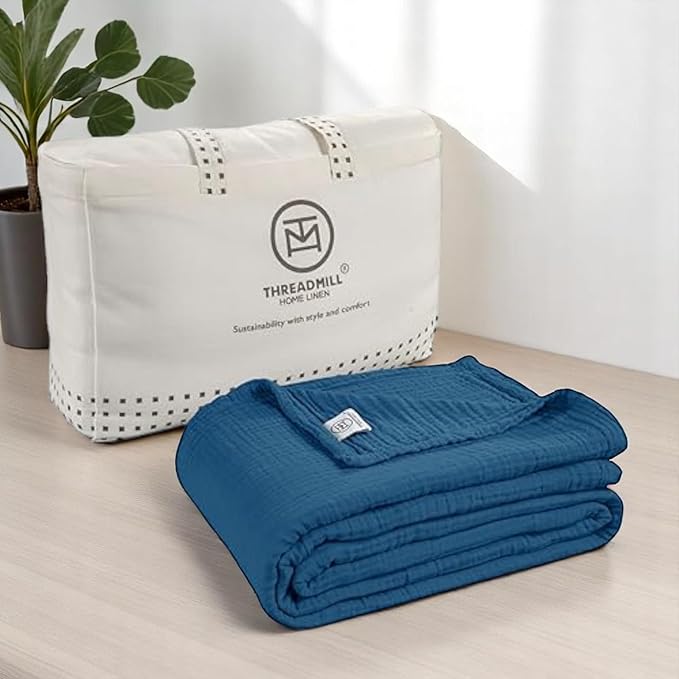 Threadmill Muslin Blanket for Queen Size Bed | 4 Layer 100% Cotton Gauze | Soft, Lightweight, and Cozy for All Seasons | Lightweight Summer Blanket | Folkstone Blue