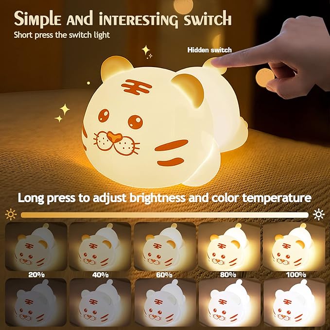 QANYI Christmas Gift Tiger Lamp, Silicone Color Changing Tiger Desk Nightlight, Rechargeable Nursery Table Lamp with Timer and Remote Control, Gift for Toddler Baby Girls Boys Children Bedroom