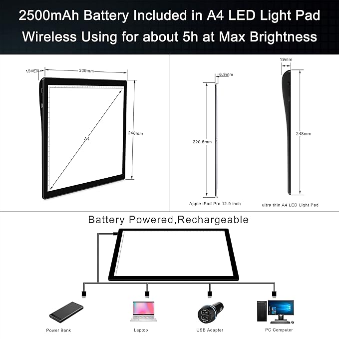 A4 Wireless Battery Powered Light Pad, TOHETO Tracing Light Box Dimmable Brightness Rechargeable LED Light Board Portable Cordless Copy Board for Artist Drawing Sketching X-ray Viewing