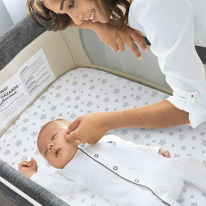 Waterproof Bassinet Sheets Fit for Miclassic, Baby Delight, TCBunny, Milliard, Dream On Me Traveler/Skylar and Other Bedside Sleeper Bassinet Mattress, 100% Organic Cotton, White Grey Print for Baby