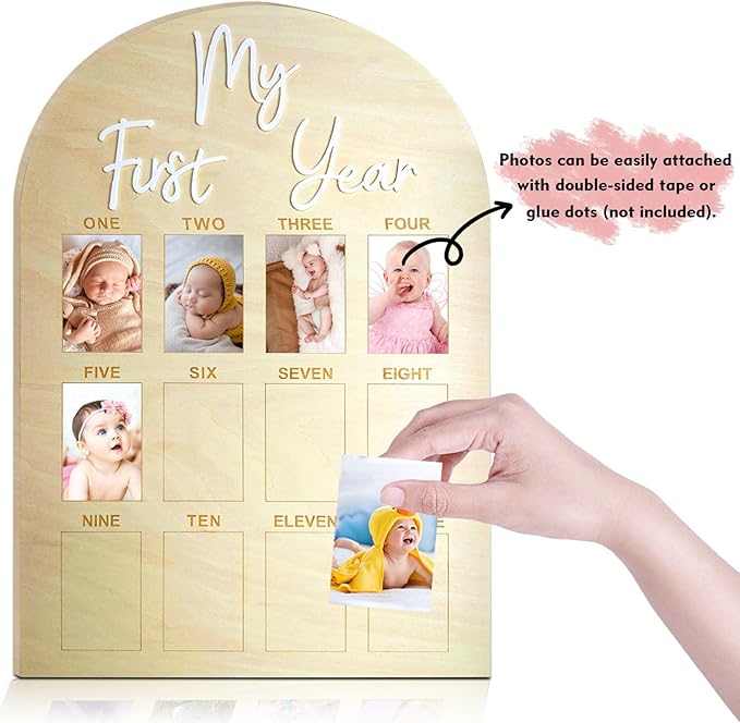 One Year Birthday Wooden Photo Board My First Year Milestone Photo Board 12 Monthly Picture Frame Baby First year Wood Acrylic Sign 1st Birthday Decorations Baby Keepsake Gift (2" x 3" photos - Wallet Size)