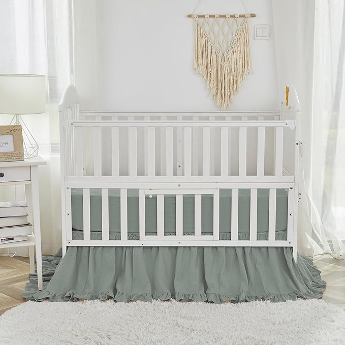 Brandream Gender Neutral Boho Bohemian Baby Girl Boy Nursery 3 Pieces Crib Bedding Set Solid Green Farmhouse Chic Ruffle Unisex Cozy 100% Washed Cotton
