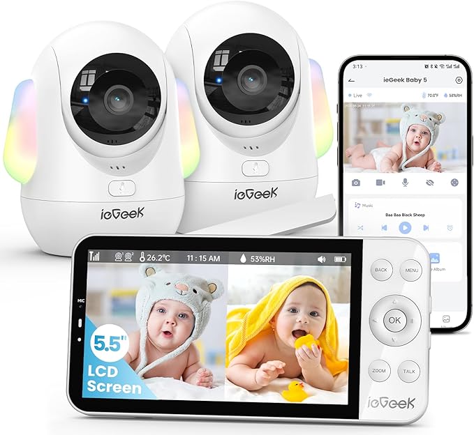 ieGeek 5.5’’ Split-Screen Baby Monitor,2.5K UHD Baby Monitor with 2 Cameras and Audio,Night Light,Prone Sleeping&Cry Detection,Two-Way Talk,Night Vision,2.4G&5Ghz WiFi App Control,4000mAh Battery