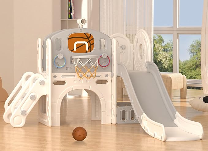 YUFU 9 in 1 Toddler Slide Set, Kids Slide for Toddlers Age 1-3, Toddler Playset with Basketball Hoop and Ball, Outdoor Indoor Playground for Toddlers 1-3 (Beige+Gray)