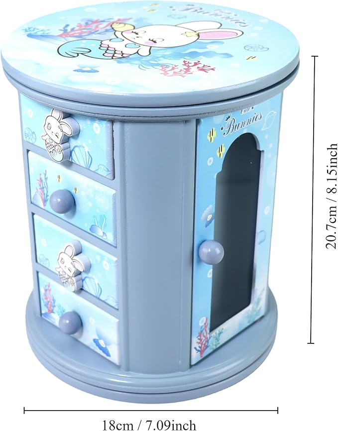 Girls Blue Cute Bunny Jewelry Box Organizer - Kids Gift for Little Girls