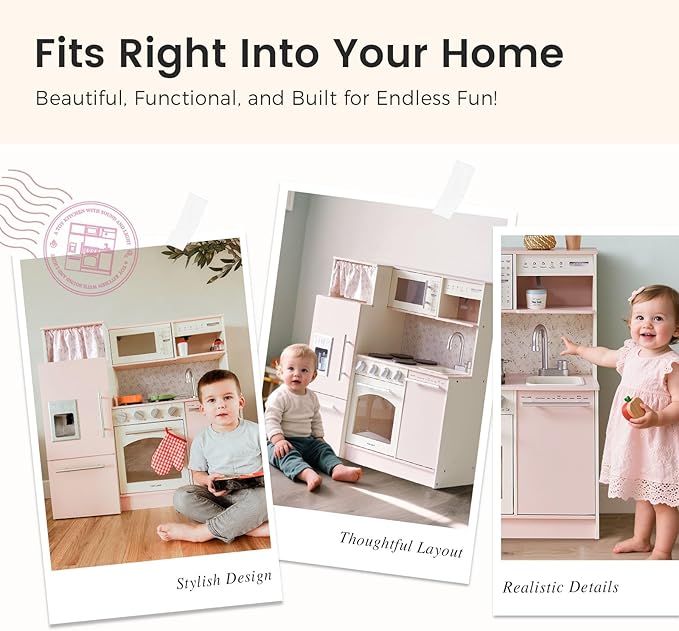 Tiny Land Play Kitchen for Kids, Upgraded Wooden Kitchen Toy with Complete Play Areas, Pretend Cooking Set with Sink, Stove, Microwave, Toy Coffee Station & Storage for Kids Ages 3+