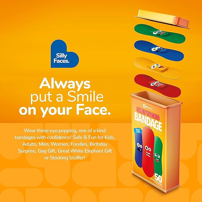 BioSwiss Bandages, Silly Faces Shaped Self Adhesive Bandage, Latex Free Sterile Wound Care, Fun First Aid Kit Supplies for Kids, 50 Count