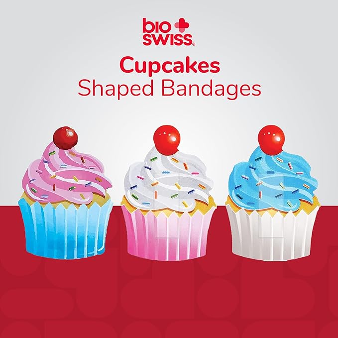 BioSwiss Bandages, Cupcake Shaped Self Adhesive Bandage, Latex Free Sterile Wound Care, Fun First Aid Kit Supplies for Kids, 50 Count
