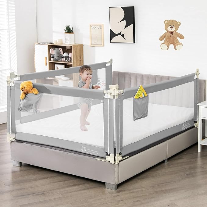 BABY JOY Bed Rail for Toddlers, 57’’ Extra Long, Height Adjustable, Foldable Baby Bed Rail Guard w/Storage Pocket & Double Safety Child Lock for Kids Twin Full Size Queen King Mattress (Gray, 57'')