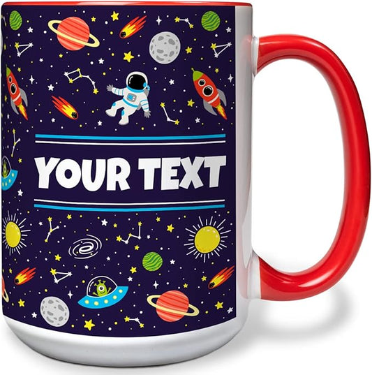 Personalized Mug for Kids - Outer Space - Custom Name/Text, Ceramic Hot Chocolate/Cocoa/Coffee Cup for Boys/Girls, Birthday/Christmas/Holiday Gift - 15 oz, Red Handle