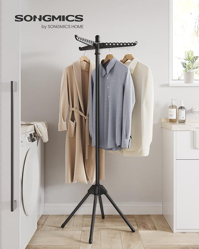SONGMICS Clothes Drying Rack, 59-Inch Folding Laundry Drying Rack with 3 Rotatable Arms for Hangers, 4 Legs, Stainless Steel, for 27 Pieces of Clothes, Black ULLR510B01