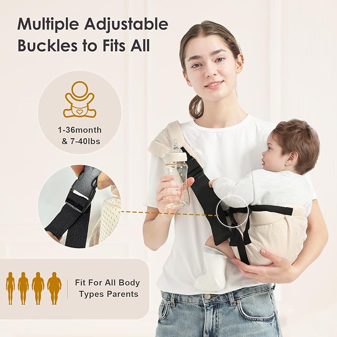Toddler Sling Carrier, Easy to Wear Baby Carrier Sling 7-40 lbs, Adjustable Lightweight Baby Wrap Sling, Perfect Toddler Hip Carriers One Size Fits All, Beige Mesh