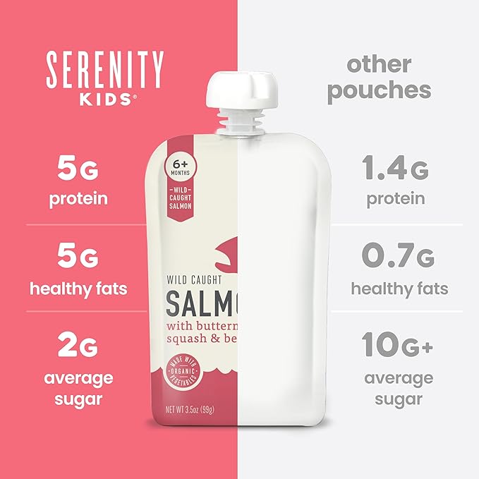 Serenity Kids 6+ Month Salmon Baby Food Pouches - BPA-Free Wild Caught Salmon & Organic Butternut Squash & Beet - No Added Sugar & High Protein - 3.5 Oz, 6 Pack