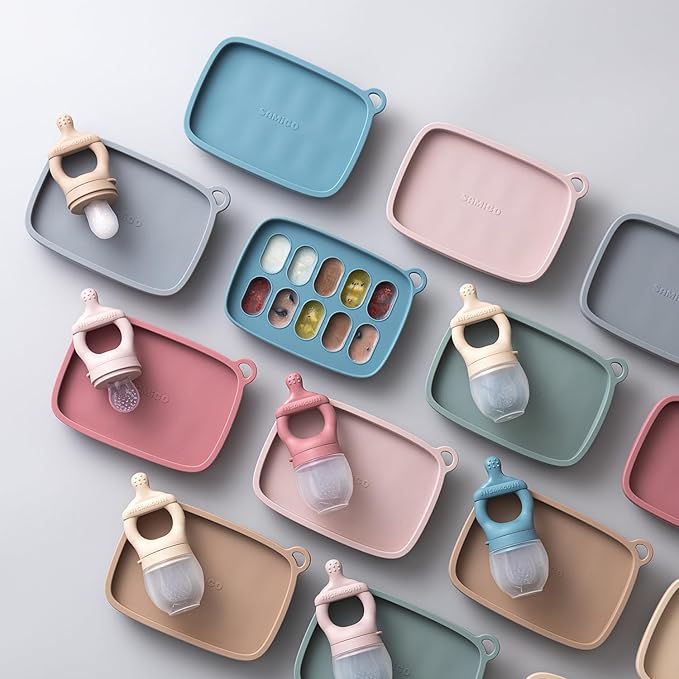 SAMiGO Baby Food Fruit Feeder and Breastmilk Popsicle Mold Set, Silicone Fruit Teether, Food Feeder Pacifier for Teething Relief, Freezer Tray, Baby Feeding Essentials, 4 Months+