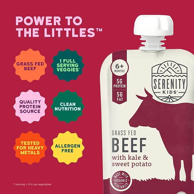 Serenity Kids 6+ Months Baby Food Pouch Puree - Grass Fed Beef, Kale & Sweet Potato - Ethically Sourced Meat & Organic Veggies - BPA-Free, 3.5 Ounce, 12 Count