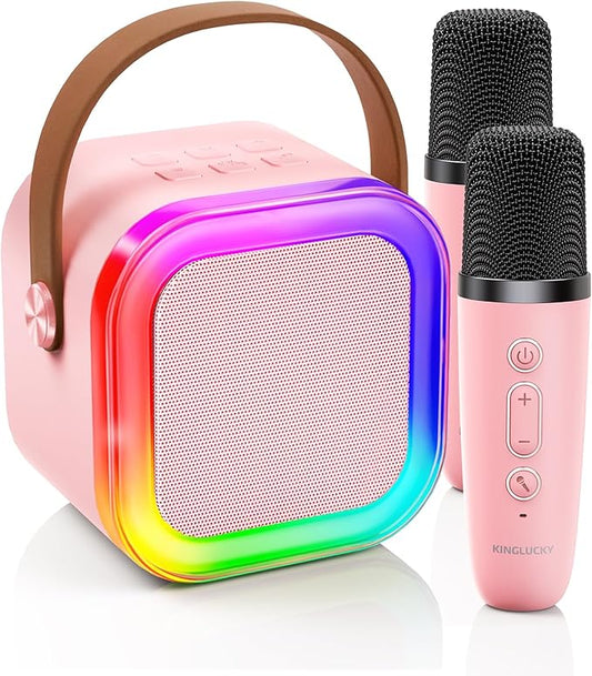 Kinglucky Mini Karaoke Machine for Kids, 2025 TOP Birthday Gifts Ideas for 3-12 Year Old Girls, Christmas Party Gifts Kids' Personal Video Players Accessories with 2 Wireless Microphones - Pink