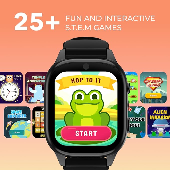PlayZoom 4 Kids Smartwatch – 1.83” Color Touchscreen, 25+ Games, Selfie Camera, Audiobooks, Songs, Step Tracker, Parental Controls, Waterproof, for Ages 4-12 (Black)