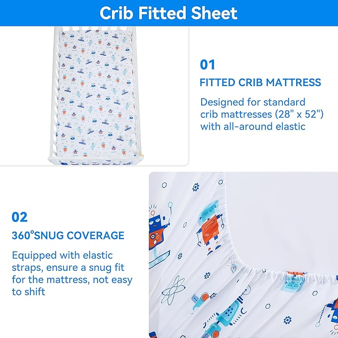 Viviland 3 Pieces Baby Bedding Set for Boy Girls, Baby Bedding Set for Newborn, Infant & Toddler - Robot