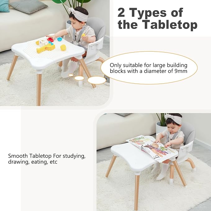 Baby High Chair, 7 in 1 Convertible High Chairs for Babies and Toddlers, Kids Learning Table, Building Block Table, Toddler Dining Chair with 360° Rotating Seat, 5-Point Safety Harness (Grey)