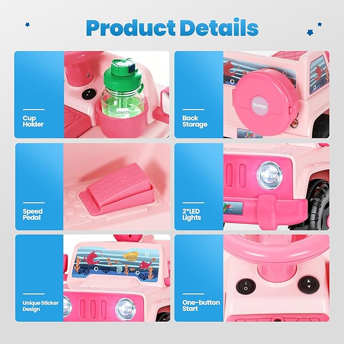 6V Toddler Ride On Car Interactive Electric Car with Horn LED Front Light Rear Storage Ocean Theme Perfect for Boys & Girls 18+ Months Safe Fun and Exciting for Little Explorers(Pink Ocean)