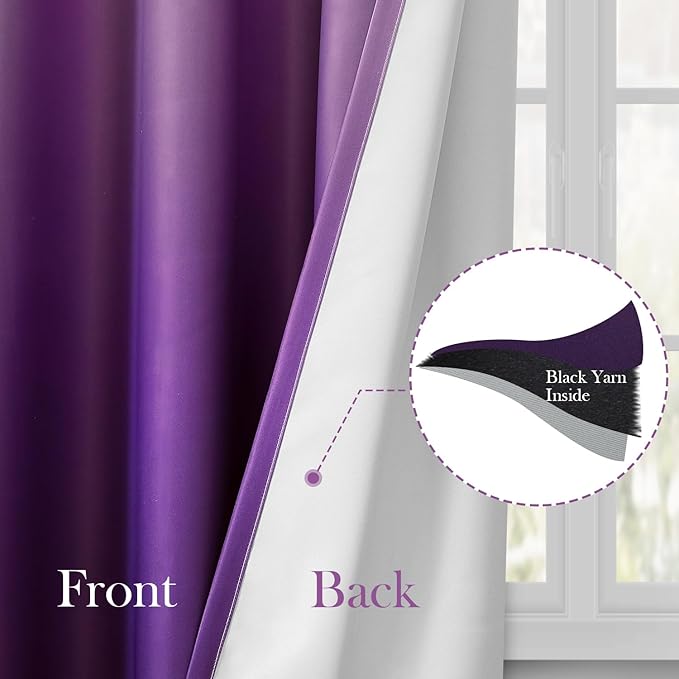 HOMEIDEAS Purple Ombre Blackout Curtains 52 X 63 Inch Length Gradient Room Darkening Thermal Insulated Energy Saving Grommet 2 Panels Window Drapes for Living Room, Bedroom