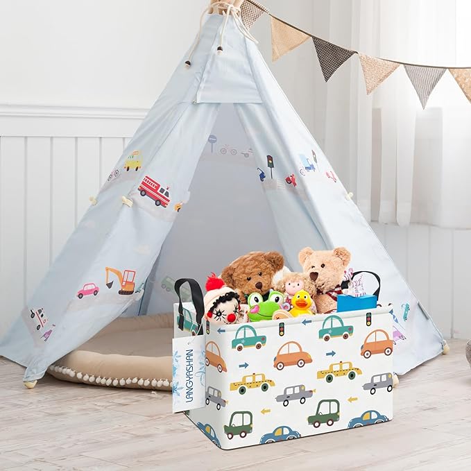 LANGYASHAN Rectangular Storage Bin Collapse Canvas Fabric Cartoon Storage Basket with Handles for Organizing Home Kitchen Boys and Girls Toys Office Closet Shelf Baskets(Rec Color Cars)