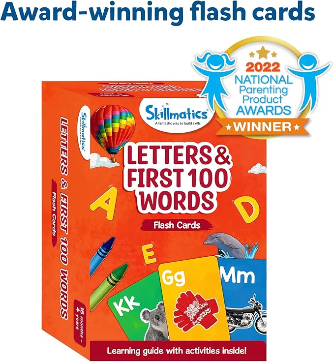 Skillmatics Thick Flash Cards for Toddlers - Letters & First 100 Words, Montessori Toys & Games, Gifts, Preschool Learning for Kids 1, 2, 3, 4 Years