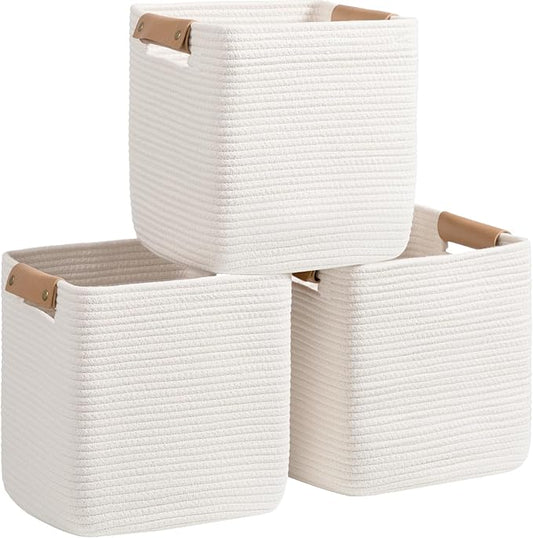 danpinera Set of 3 11 Inch Storage Baskets, Cube Storage Bins, White Woven Baskets with Stable Leather Handles, Square Cotton Rope Bins for any Room, Easy to Recover