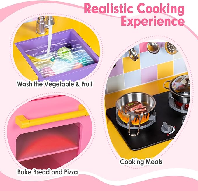 Kids Kitchen Playset, Wooden Pretend Play Kitchen for Kids w/Faucet, Sink, Stove, Oven, Curtains, Cookware, Storage Cabinets, Toddler Role Play Toy Kitchen Set Gift for Girls Boys Ages 3+