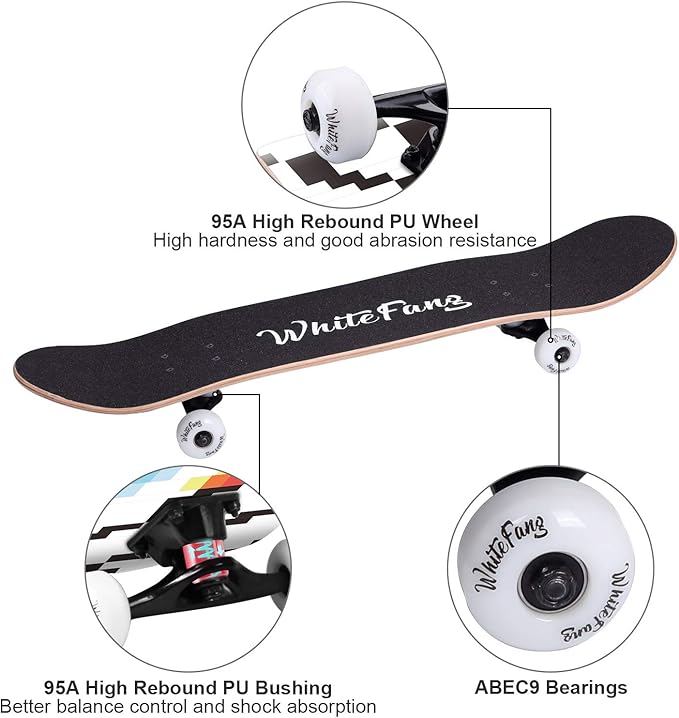 WhiteFang Skateboards for Beginners, Complete Skateboard 31 x 7.88, 7 Layer Canadian Maple Double Kick Concave Standard and Tricks Skateboards for Kids and Beginners