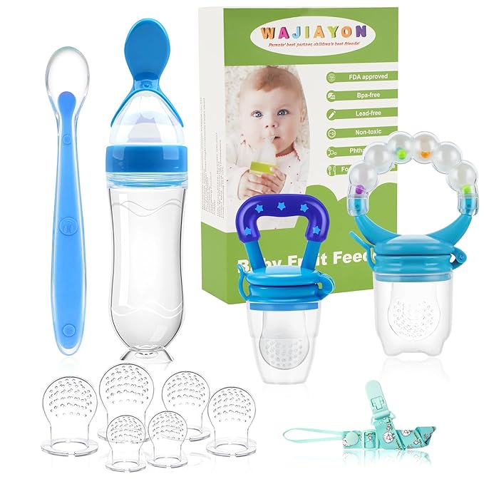 WAJIAYON Baby Fruit Feeder Pacifier - 12 Pack | 2 Infant Food Feeder Pacifier & 1 Babies Food Dispensing Spoon | Fruit Teethers for Babies | Silicone Teether Feeder Baby,Infant Teething Feeders (Blue)