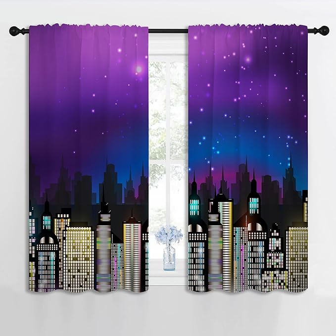 Superhero Rod Pocket Blackout Curtains for Boy Girl Bedroom, Super City Skyline Buildings Night Panorama Thermal Insulated Home Window Drapes for Living Room Darkening, 42x45 inch